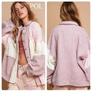 POL Women's Pink and Cream Gingham Shacket Jacket